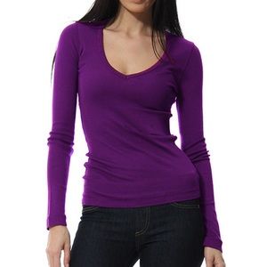 Solid Purple V Neck Long Sleeve Top S
